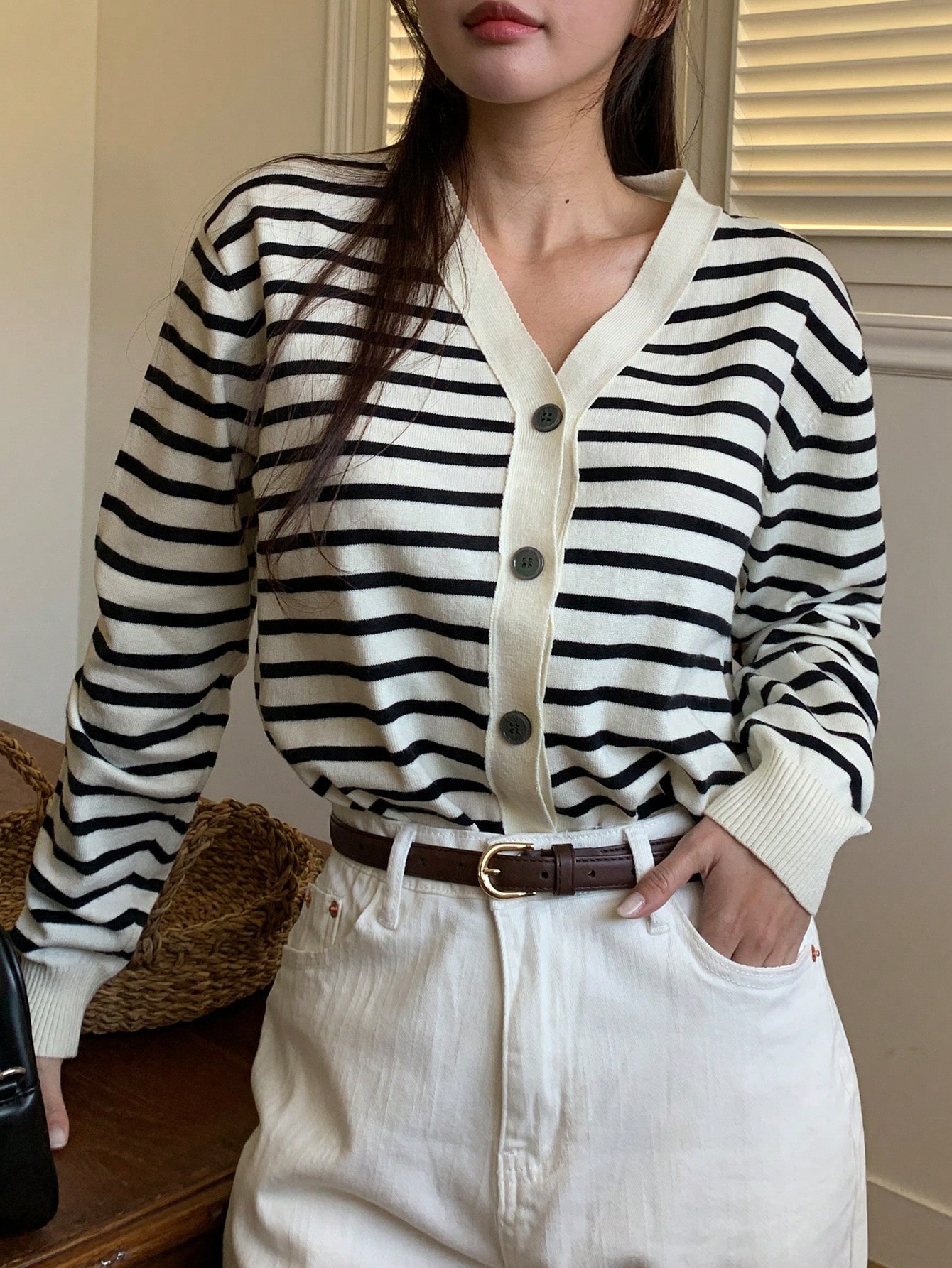 Home Cases Mobile 10 V-Neck Striped Knit Cardigan For Women, Loose Fit